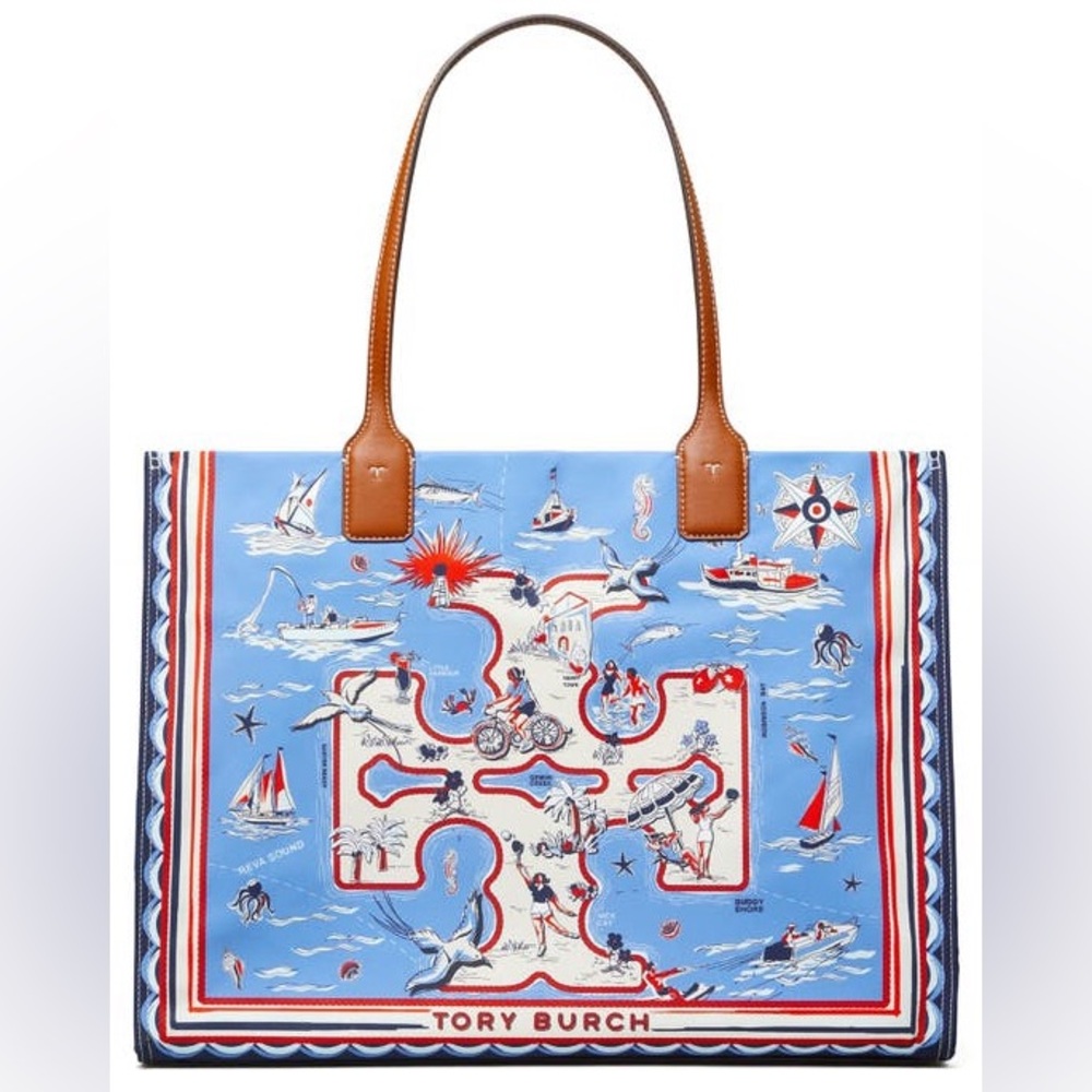 RARE Tory Burch Ella Nautical Tote Bag - Blue Marina